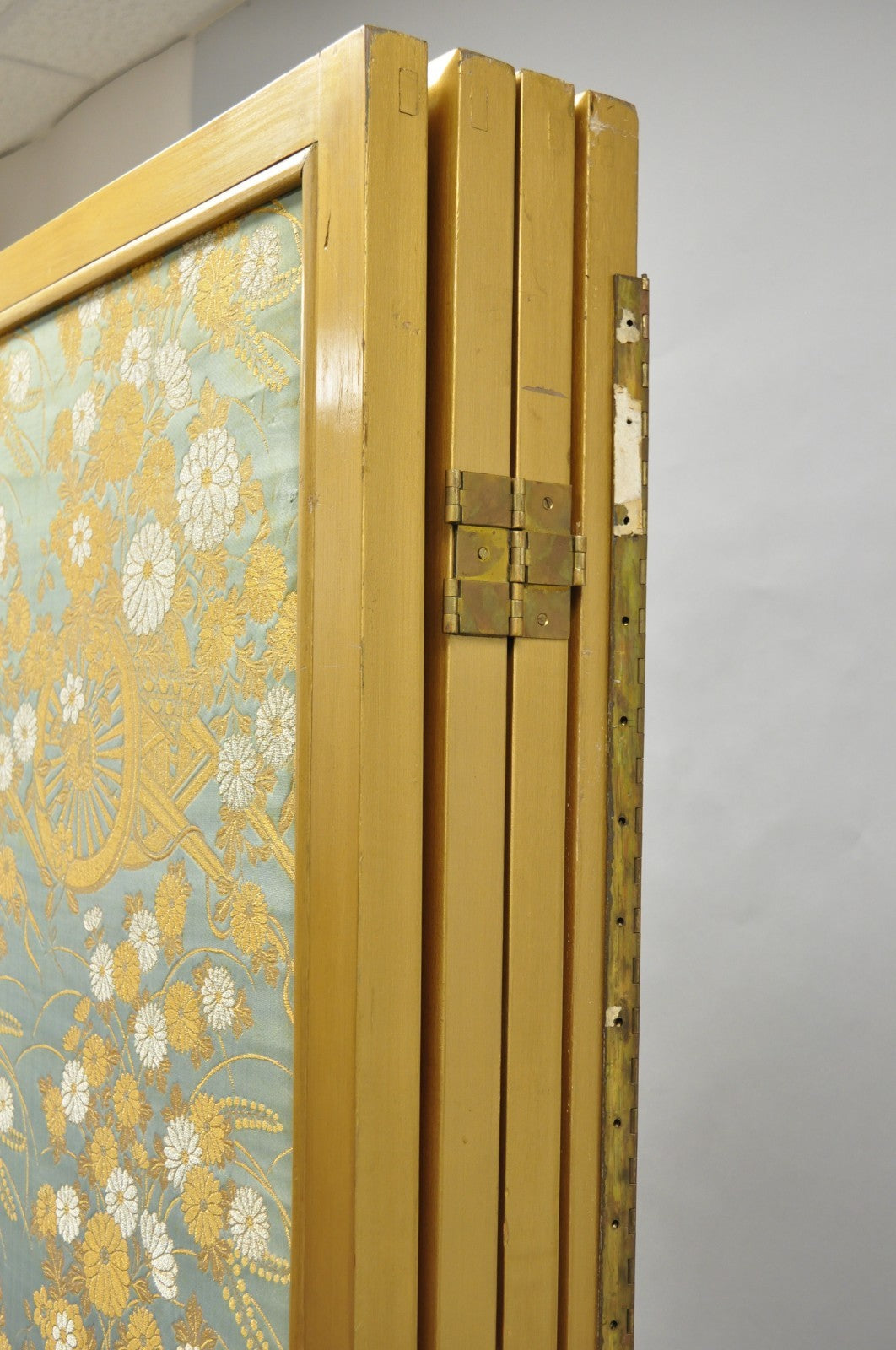 Vintage Chinoiserie Lattice Fretwork 4 Panel Gold Folding Screen Room Divider