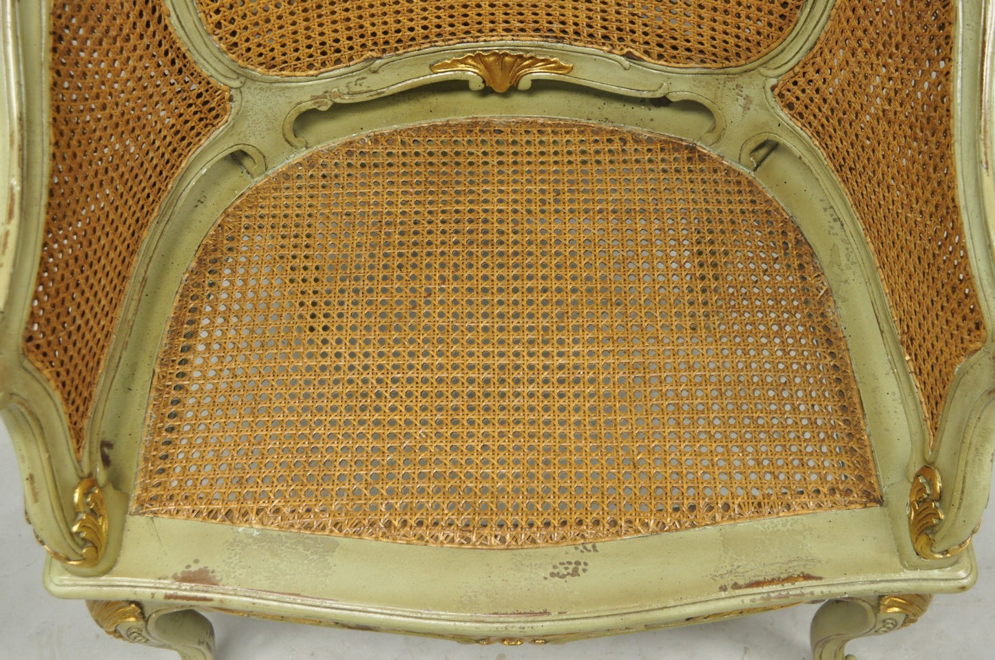 Vintage French Louis XV Style Green Painted Gold Gilt Cane Bergere Arm Chair