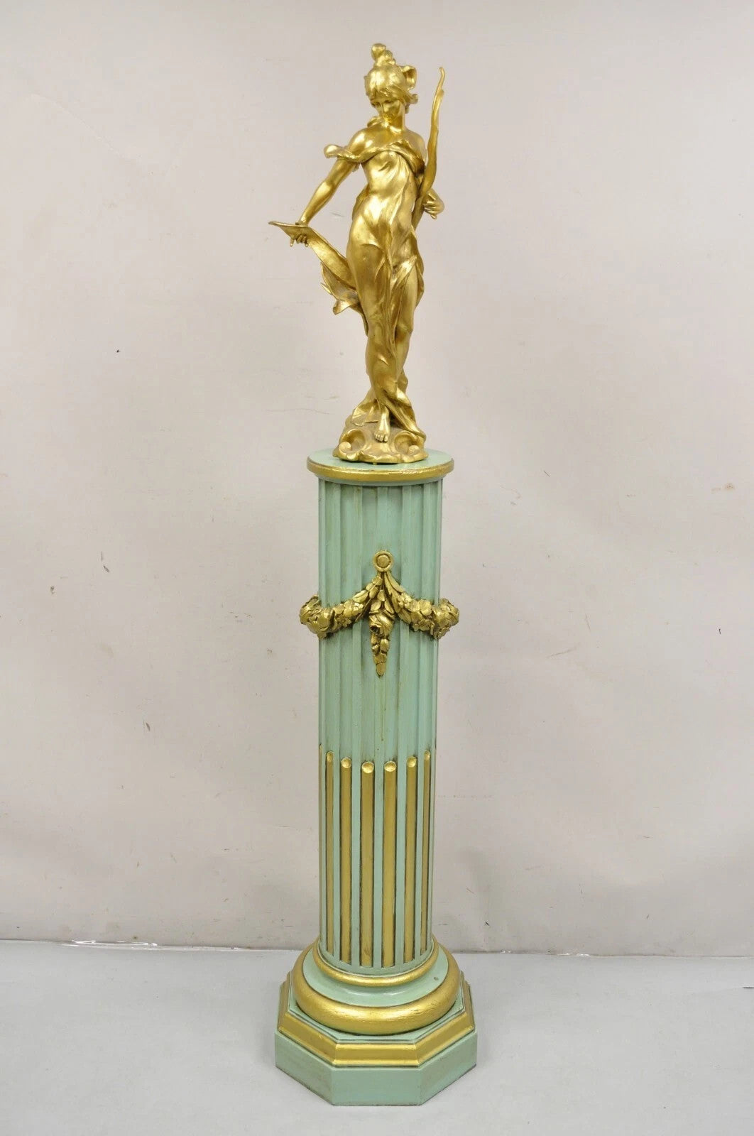 Antique French Empire Neoclassical Green & Gold Painted Wooden Column Pedestal