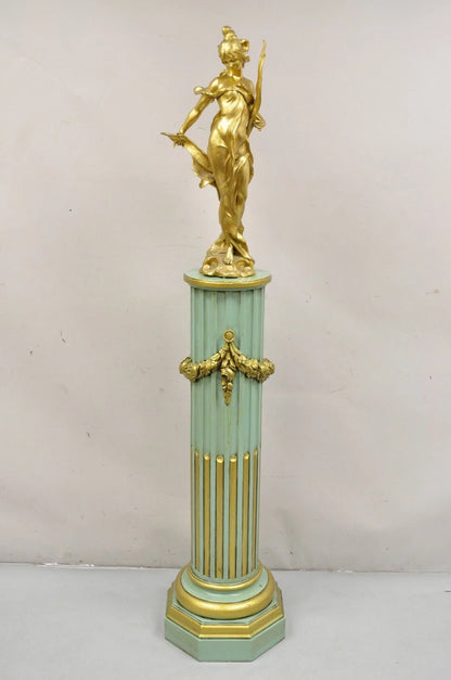 Antique French Empire Neoclassical Green & Gold Painted Wooden Column Pedestal