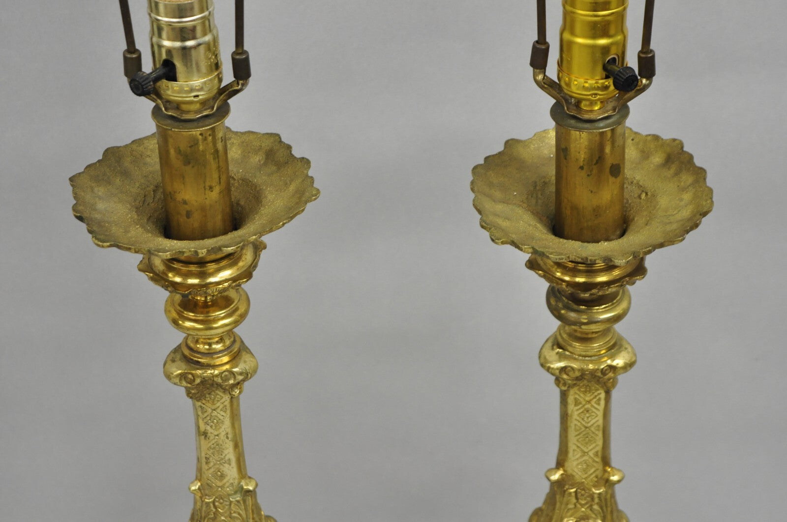 Vintage French Empire Baroque Ornate Brass Candlestick Table Lamps - a Pair