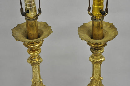 Vintage French Empire Baroque Ornate Brass Candlestick Table Lamps - a Pair