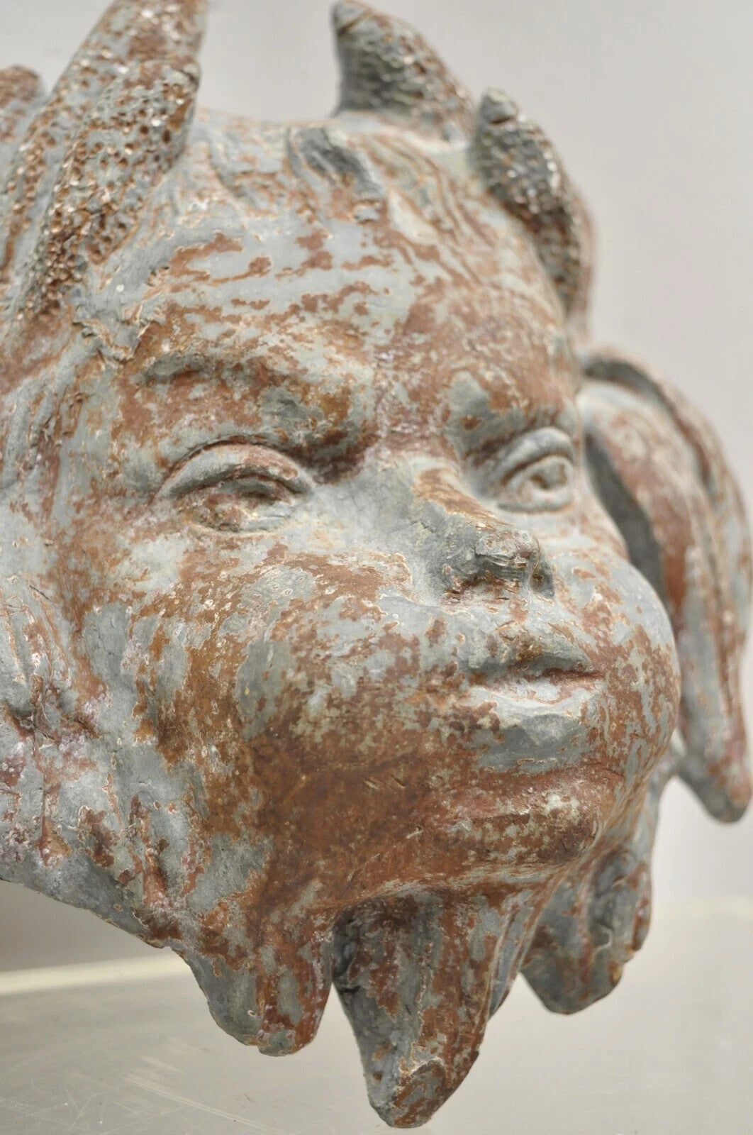 Antique French Neoclassical Small Lead Cherub Head Wall Fountain Garden Art