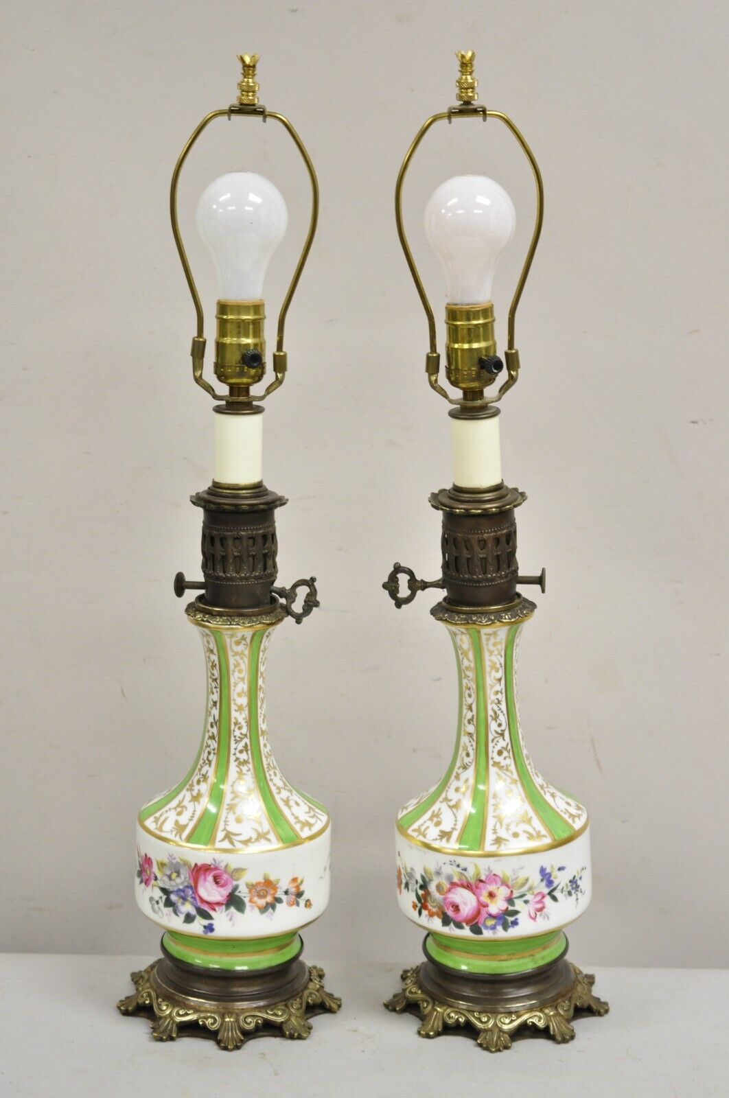 Antique French Victorian Paris Porcelain Green Floral Rose Table Lamps - a Pair