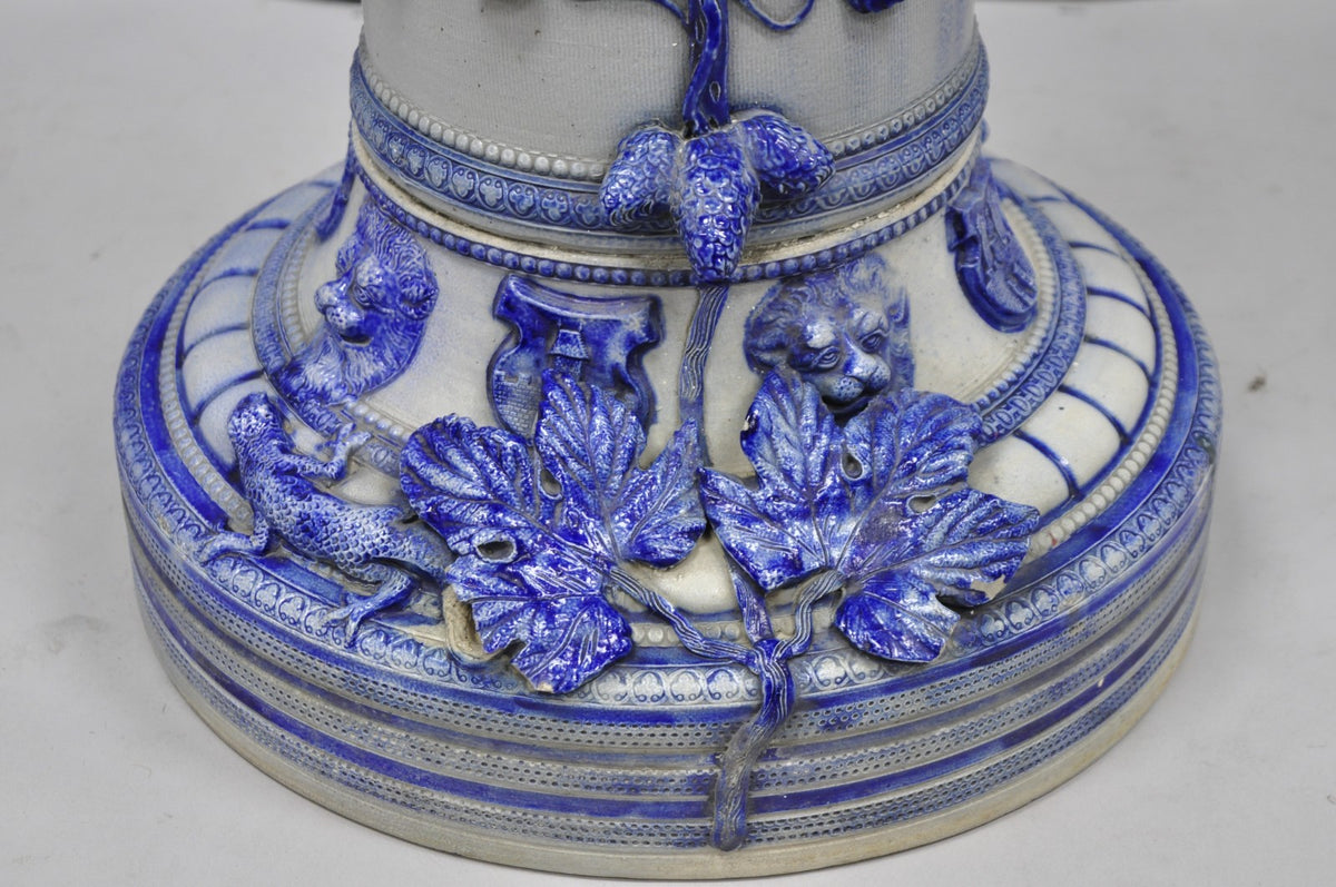 Antique German Westerwald Salt Glaze Stoneware Cobalt Blue Jardiniere & Pedestal