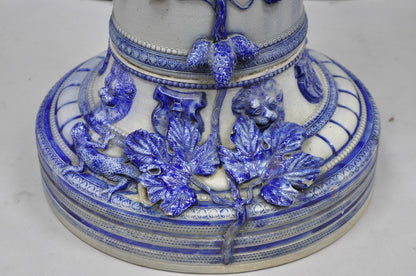 Antique German Westerwald Salt Glaze Stoneware Cobalt Blue Jardiniere & Pedestal