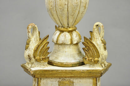 Antique Italian Hollywood Regency Cream Gold Giltwood Column Table Lamp w/ Swans