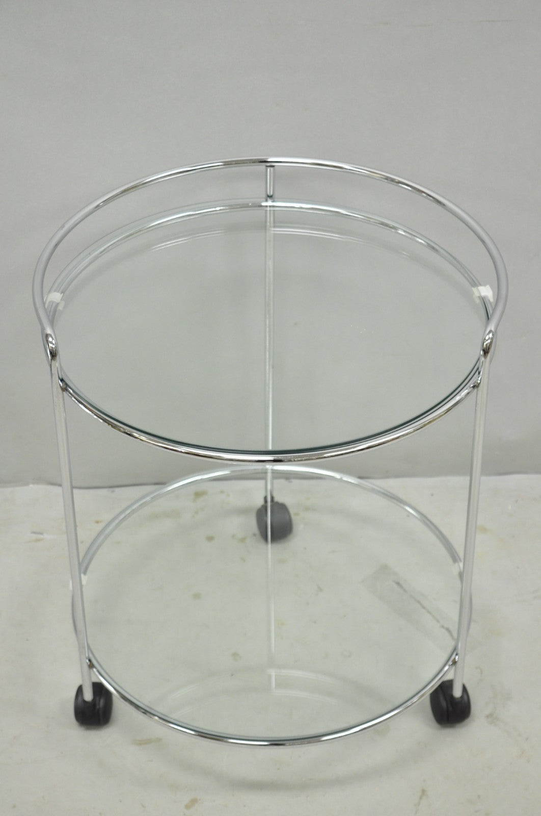 Vintage Mid Century Modern Chrome Round Glass 2 Tier Rolling Bar Cart Side Table