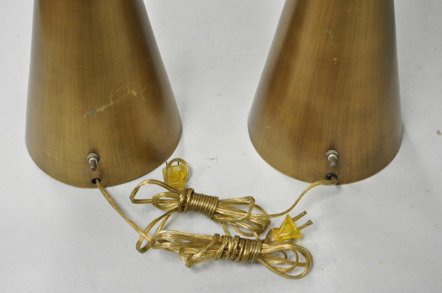 Vintage Mid Century Modern Atomic Era Green Flying Saucer Gold Table Lamp - Pair