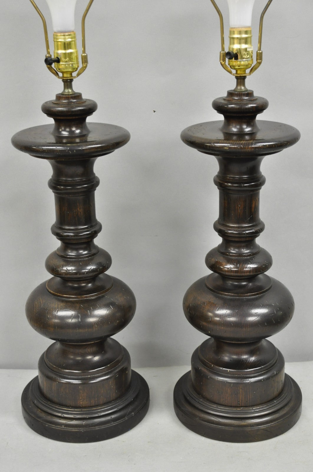 Vintage French Country Farmhouse Distressed Solid Carved Wood Table Lamps - Pair