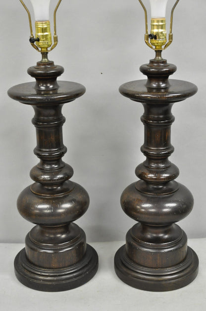 Vintage French Country Farmhouse Distressed Solid Carved Wood Table Lamps - Pair