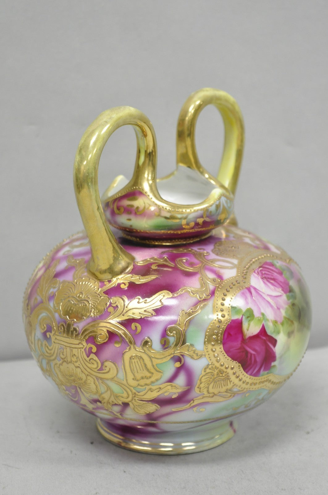Antique Austrian Hand Painted Moriage Porcelain Double Swung Handle Bulbous Vase