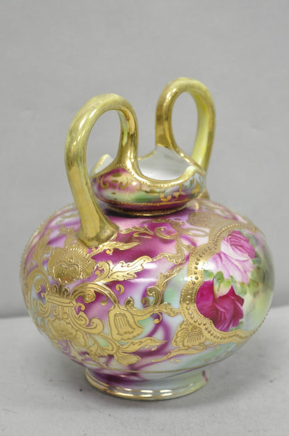 Antique Austrian Hand Painted Moriage Porcelain Double Swung Handle Bulbous Vase