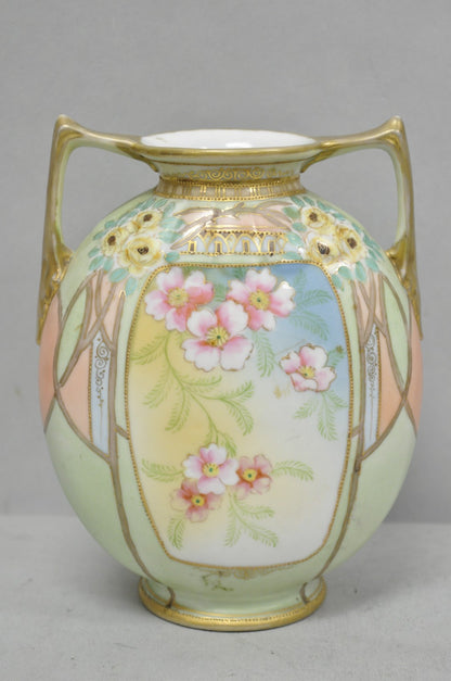 Antique Nippon Art Nouveau Hand Painted Porcelain Pink Flower Twin Handle Vase