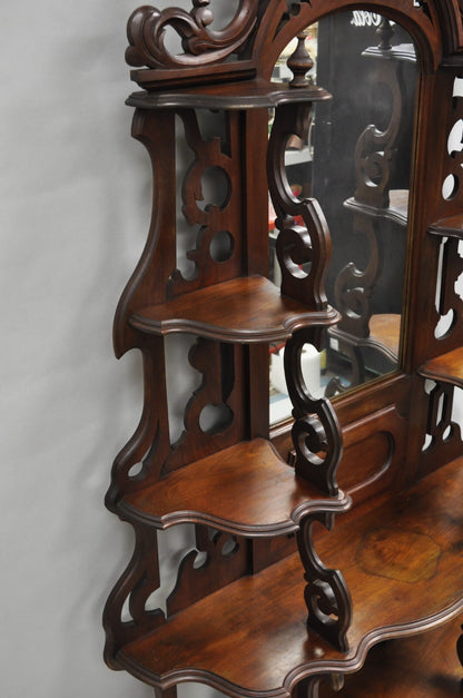 Antique Victorian Rococo Grapevine Carved Walnut Etagere Curio Shelf w/ Mirror