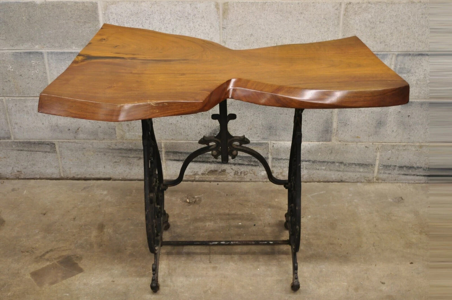 William Herrick Cast Iron Sewing Machine Base Live Edge Walnut Top Console Table