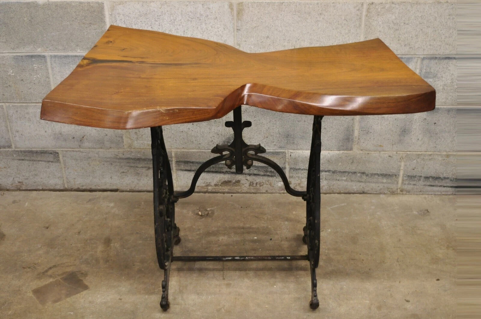 William Herrick Cast Iron Sewing Machine Base Live Edge Walnut Top Console Table