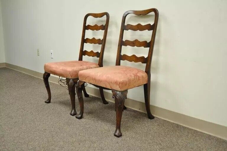 Antique George II Ribbon Back Irish Ladder Back Walnut Dining Side Chairs - Pair