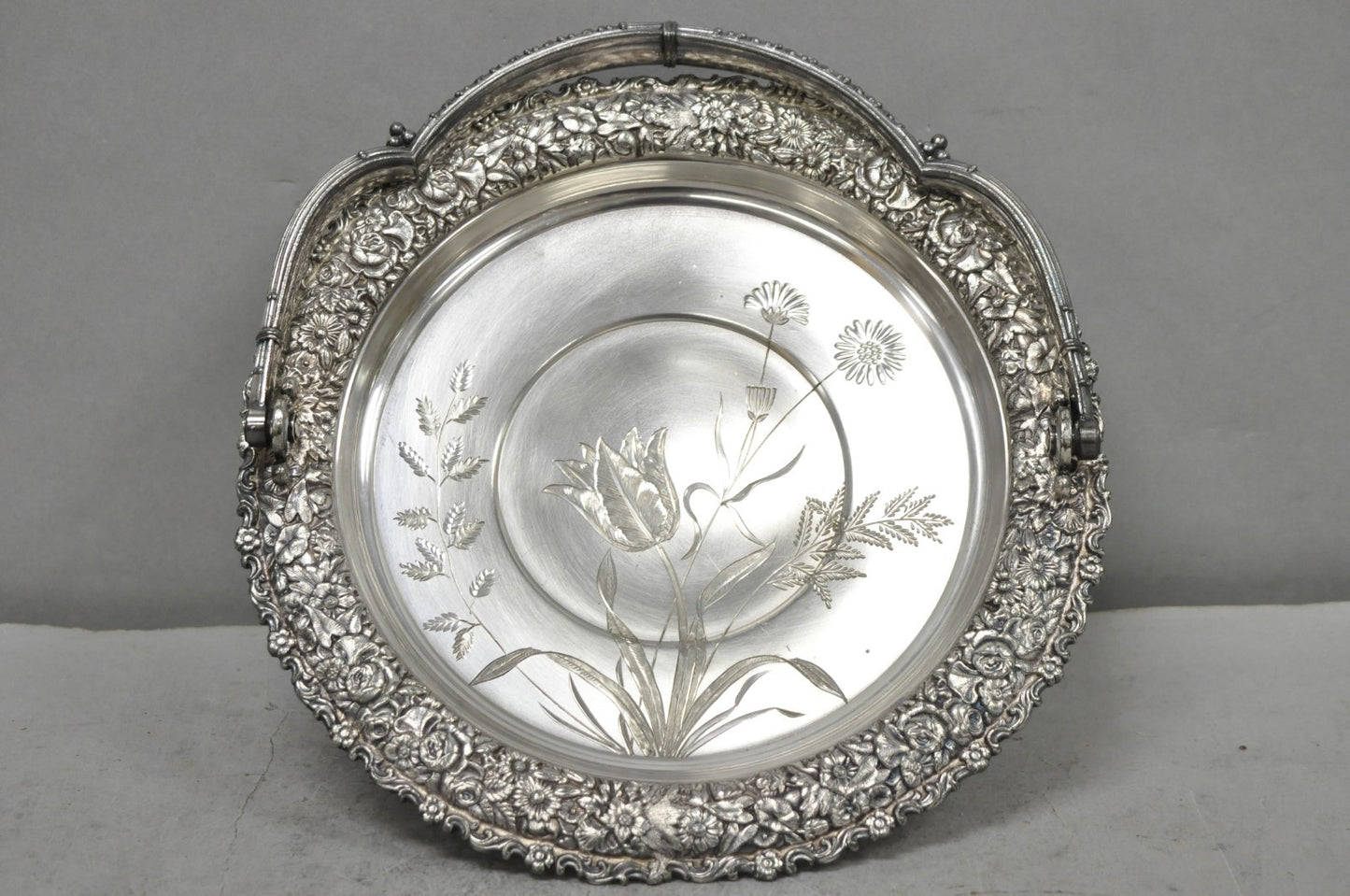 Meriden Art Nouveau Silver Plated Floral Repousse Bread Pastry Brides Basket