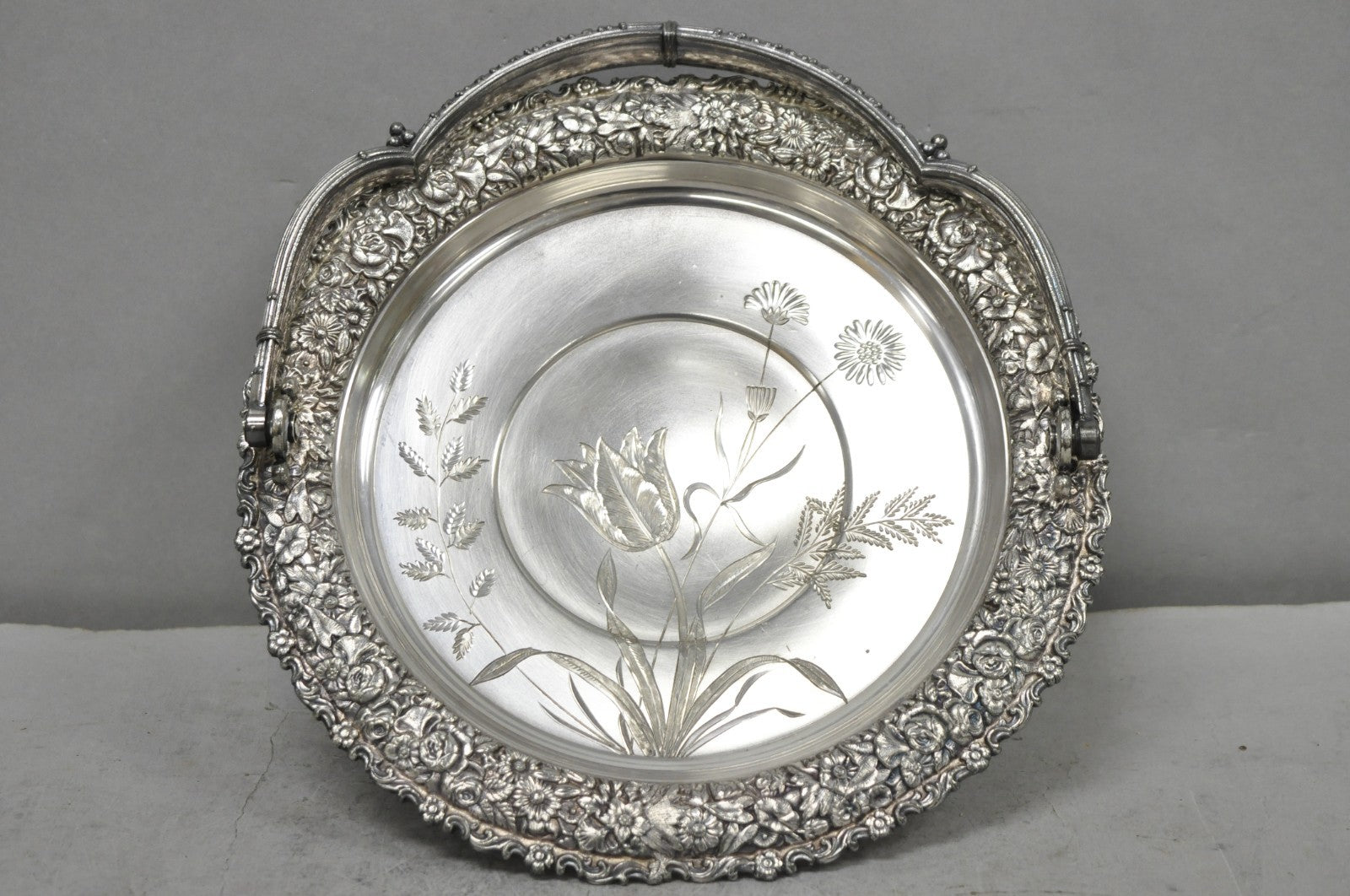 Meriden Art Nouveau Silver Plated Floral Repousse Bread Pastry Brides Basket