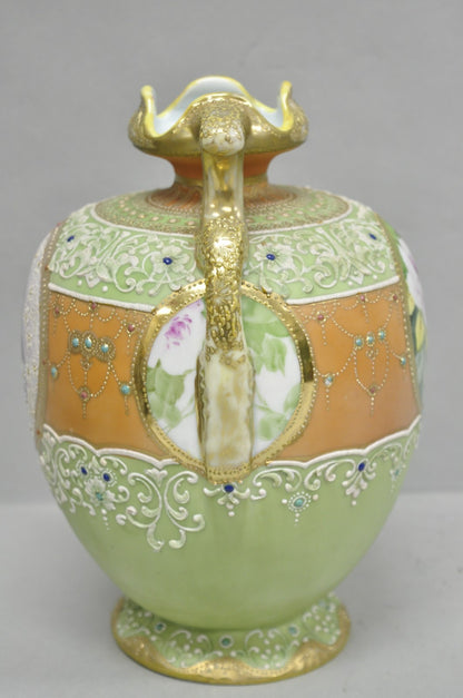 Antique Nippon Hand Painted Porcelain Green Moriage Twin Handle Portrait Vase