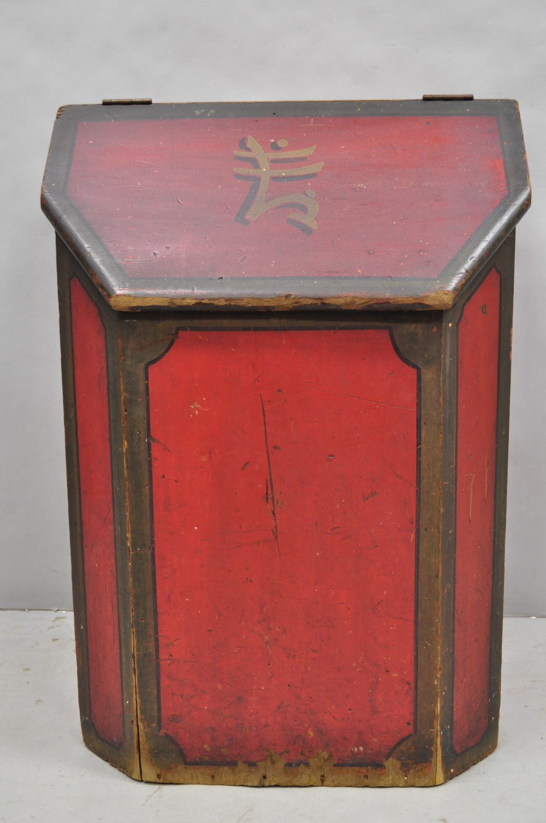 Antique British Colonial Red Painted Wooden Store Tea Coffee Bin w/ Asian Symbol