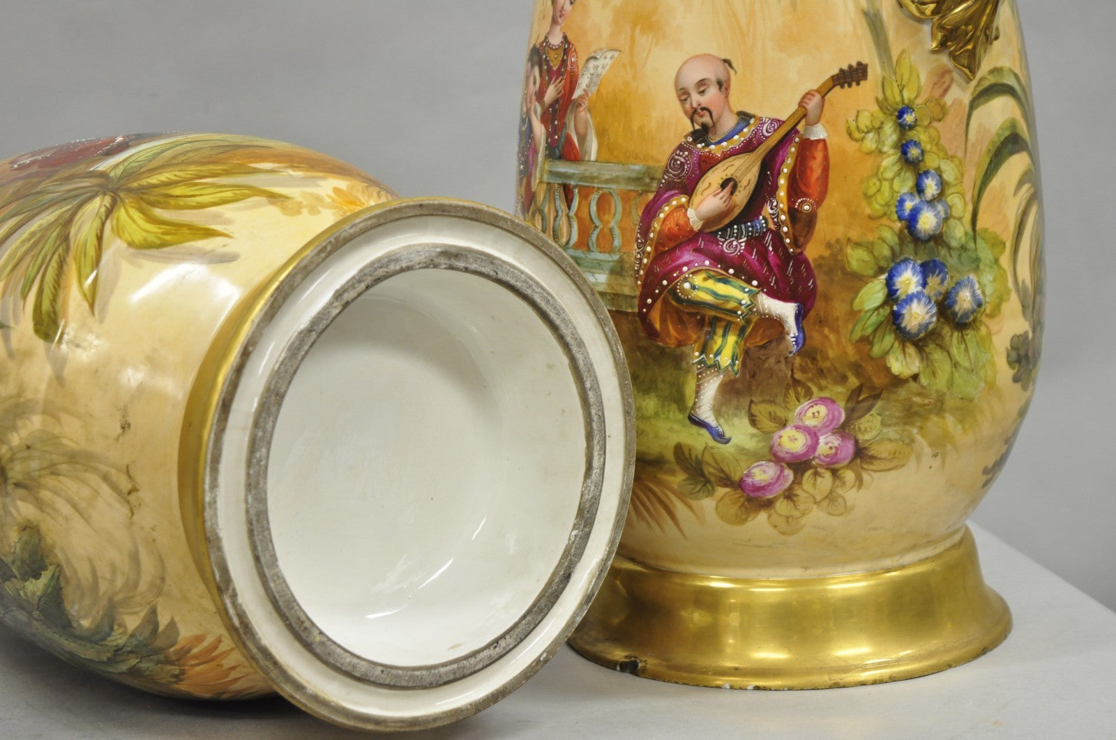 Antique Chinoiserie French Porcelain Hand Painted Orientalist Large Vases - Pair