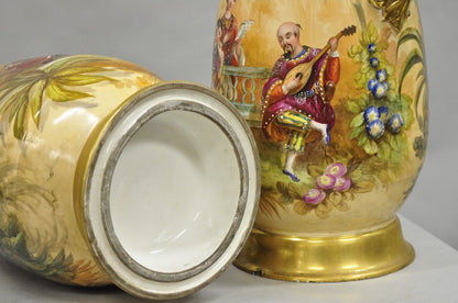 Antique Chinoiserie French Porcelain Hand Painted Orientalist Large Vases - Pair