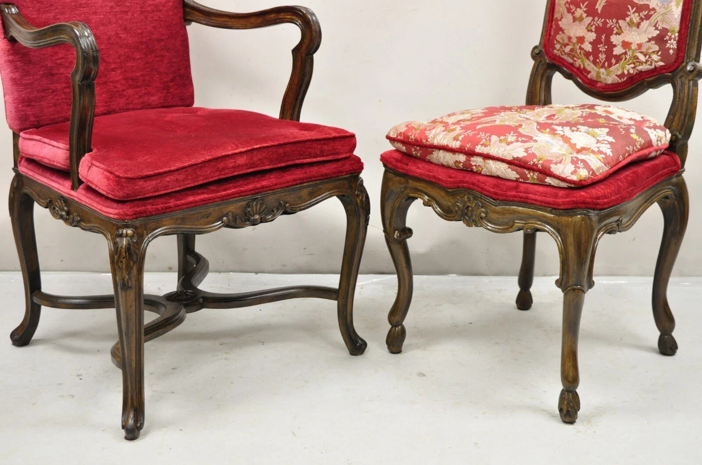 Vintage Italian Regency Style Carved Walnut Red Fabric Dining Chairs - Set of 6