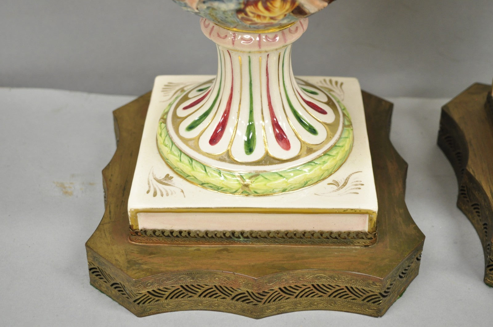 Antique Italian Capodimonte Ceramic Porcelain Figural Urn Table Lamps - a Pair