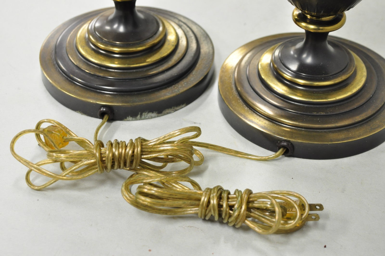 Antique Roman Neoclassical Bronze Finish Figural Candelabra Table Lamps - a Pair