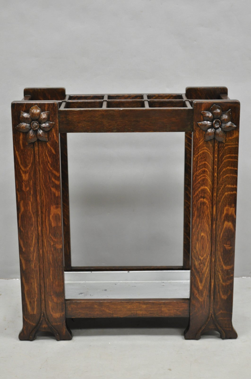 Antique Arts & Crafts Oak Wood Relief Carved Flower Umbrella Stand by MI Chair