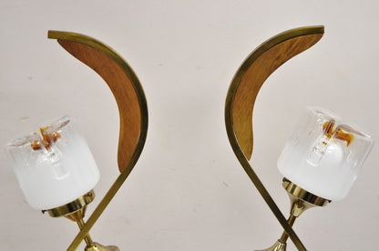 Vintage Mid Century Danish Modern Teak Wood & Brass Sculptural Table Lamp - Pair