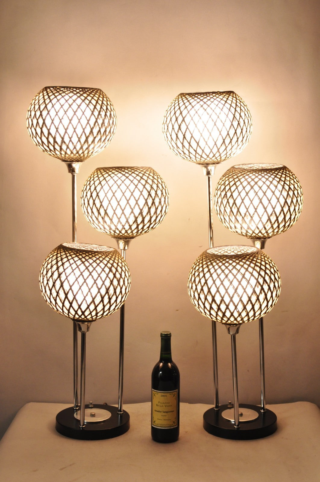 Vintage Mid Century Modern Woven Spun Fiberglass Triple Shade Table Lamp - Pair