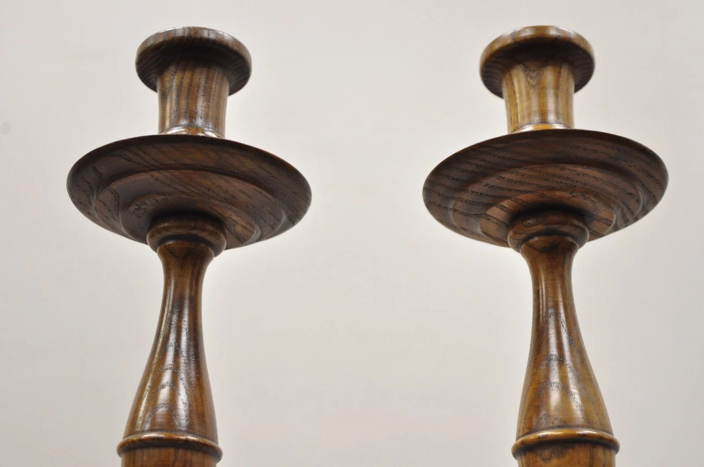 Vintage Italian Renaissance Jacobean Turn Carved Oak Wood 18.5" Candlestick Pair
