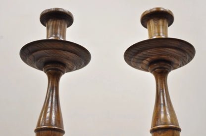 Vintage Italian Renaissance Jacobean Turn Carved Oak Wood 18.5" Candlestick Pair