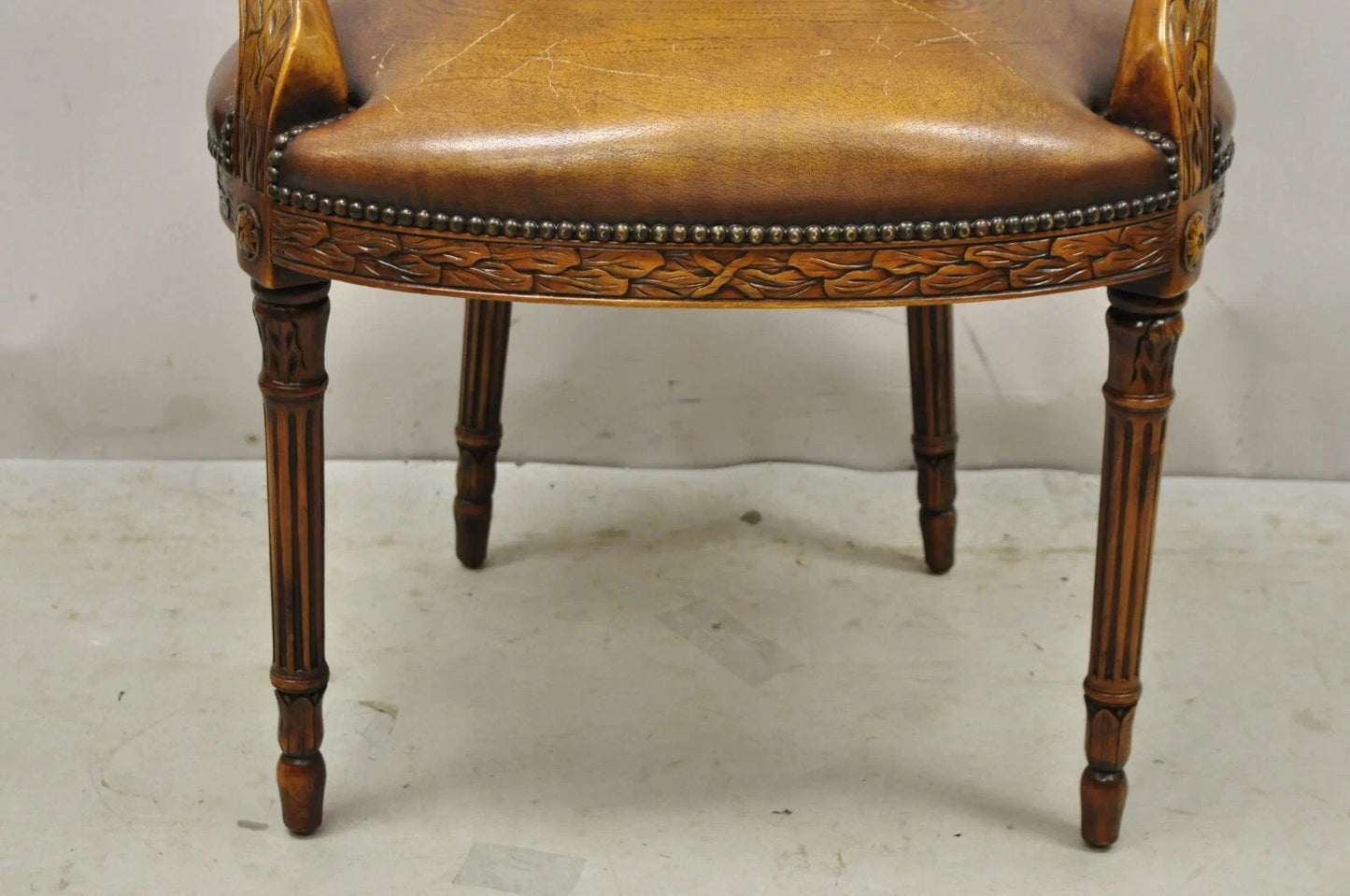 Theodore Alexander Neoclassical Regency Style Carved Mahogany Leather Arm Chair
