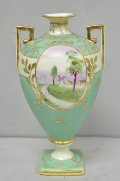 Antique Nippon Porcelain Hand Painted Windmill Scene Green Small Bolted Vase (B)