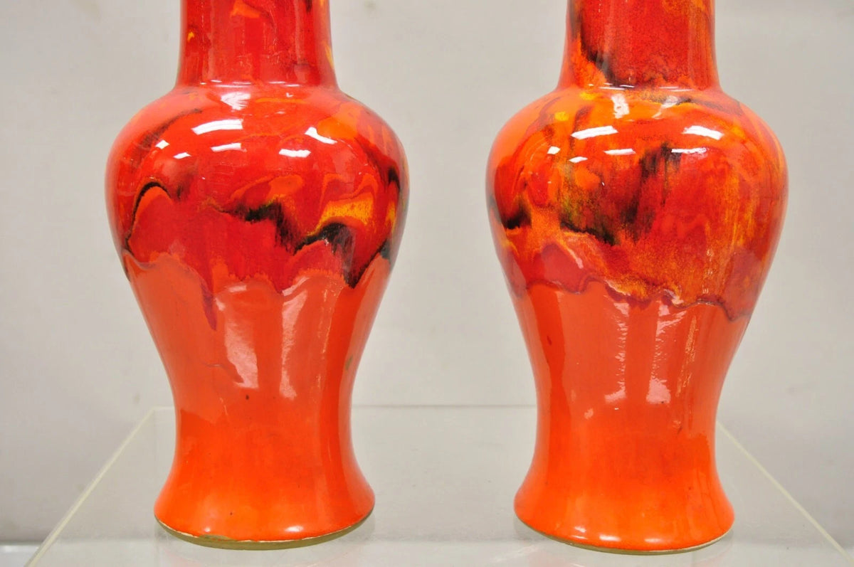 Vintage Red Lava Drip Glazed Mid Century Modern Ceramic Pottery Vessel Vase Pair