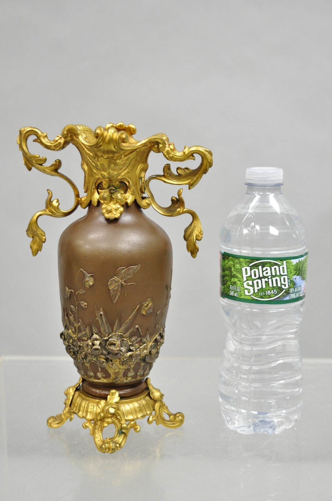 Antique French Art Nouveau Gold Gilt Patinated Bronze Small 9" Flower Vase