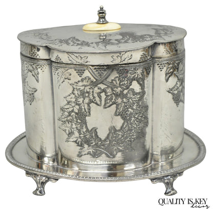 Antique Victorian Silver Plated Etched Footed Hinged Biscuit Barrel Jar on Stand