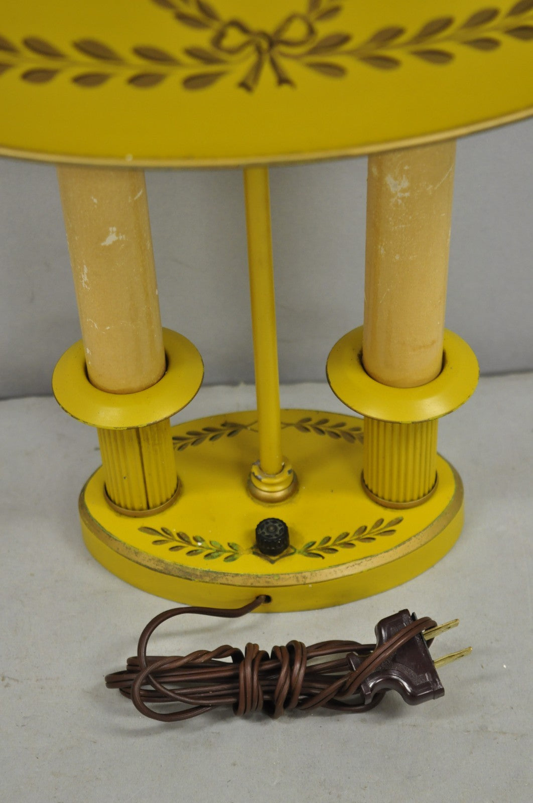 French Country Yellow Painted Tole Metal Bouillotte Candlestick Table Lamp