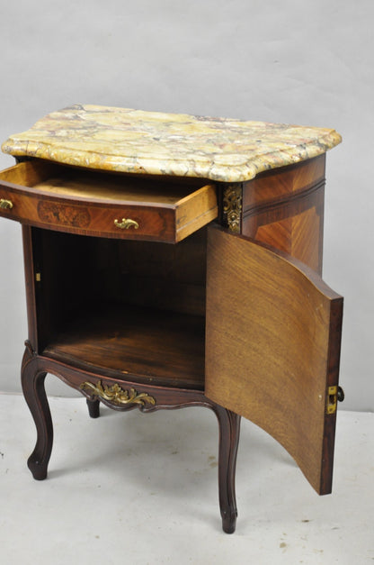 Antique French Louis XV Style Marble Top Satinwood Inlay Bombe Nightstand Table