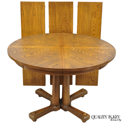 Vintage Mid Century Modern Oak Sunburst Round Extension Pedestal Dining Table