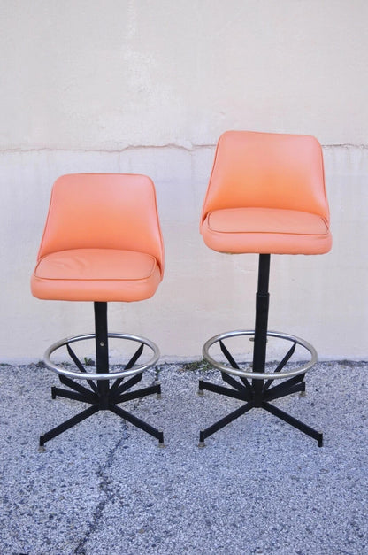 Vintage Mid Century Modern Atomic Orange Vinyl Metal Swivel Barstools - Set of 4