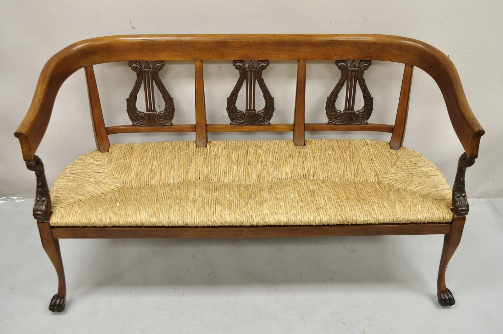 Vintage Italian Neoclassical Cherry Wood Dolphin Lyre Carved Rush Seat Bench