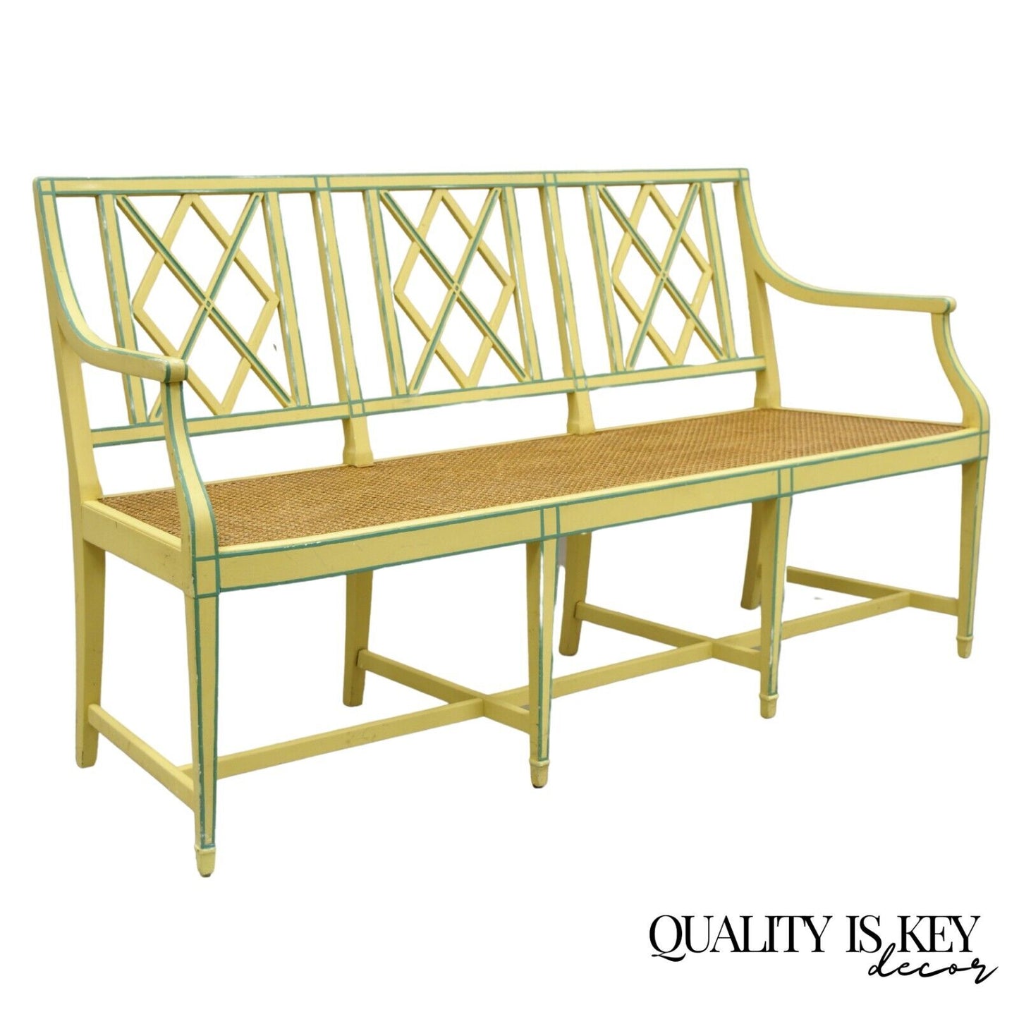 Vintage Italian Neoclassical Yellow Painted Cane Seat Fretwork Settee Bench