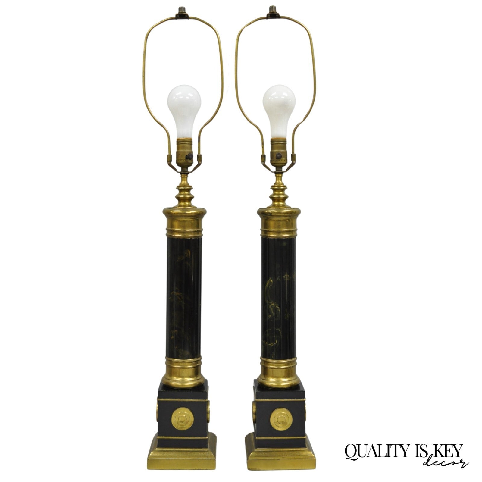 Vintage French Empire Brass Metal "Smoky" Celluloid Column Table Lamps - a Pair