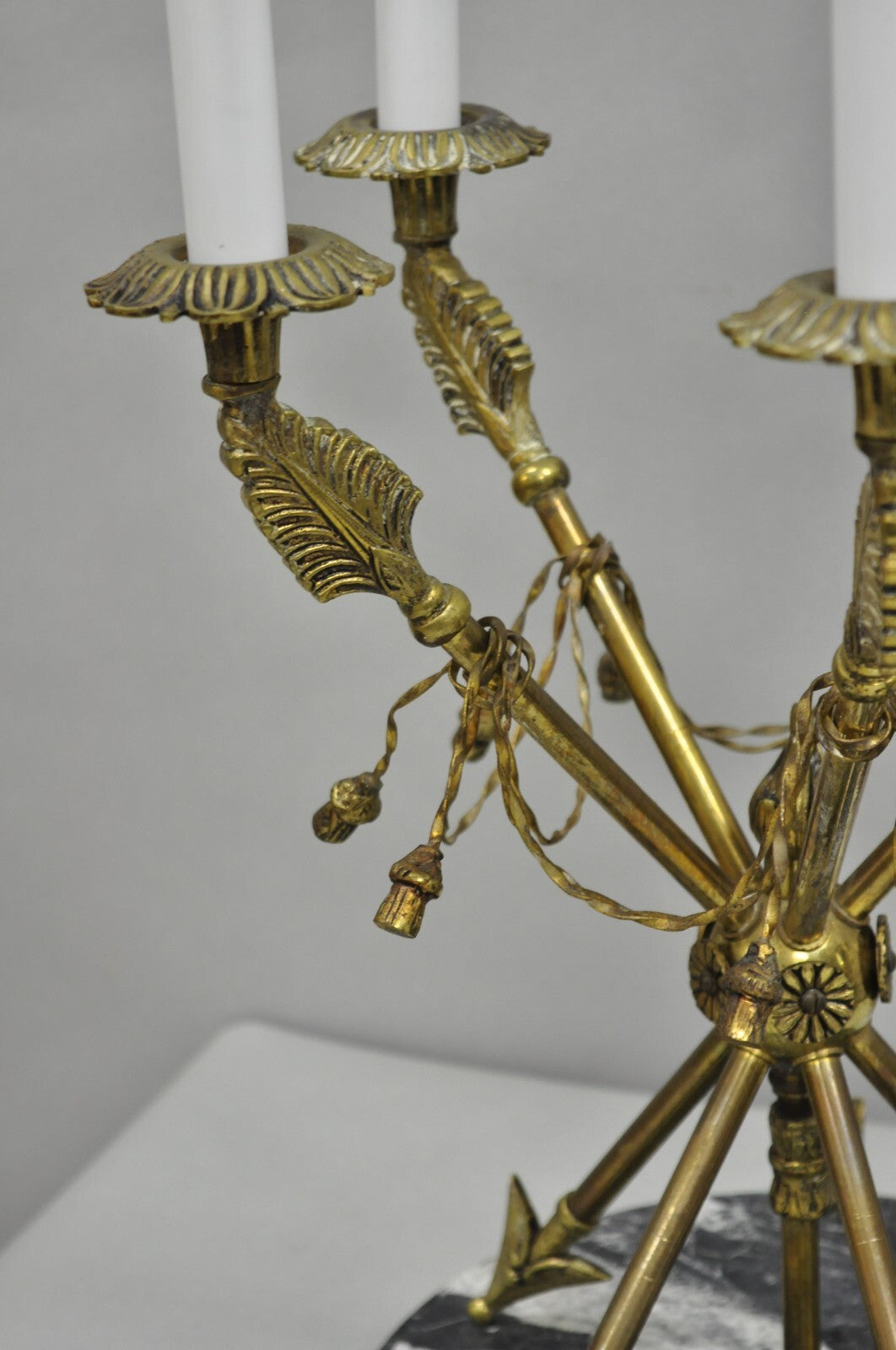 Vintage French Neoclassical Brass "Arrow" Marble Candelabra Table Lamps - a Pair