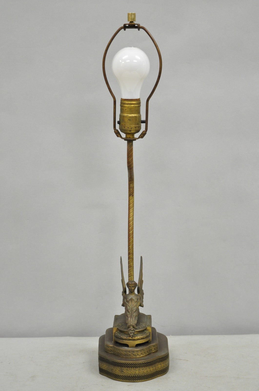 Antique French Victorian Neoclassical Small Gilt Brass Winged Maiden Table Lamp